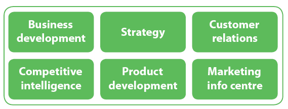 Business development; Strategy; Customer relations; Competitive intelligence; Product development; Marketing info centre.